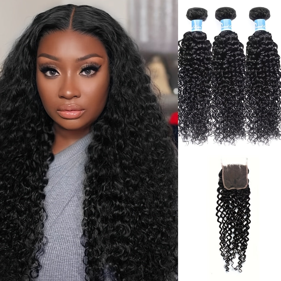 3 Bundles Jerry Curly Brazilian Human Hair Extensions with 5x5 HD Closure - Wet and Wavy Virgin Hair, Free Part, Unprocessed, 350g, Natural Black for Stunning Curls
